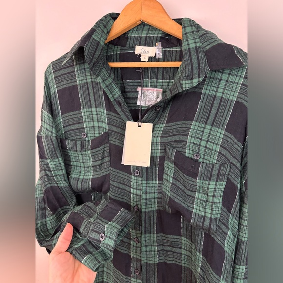 Elan green and black plaid button down shirt with delicate silver throughout - Picture 3 of 3